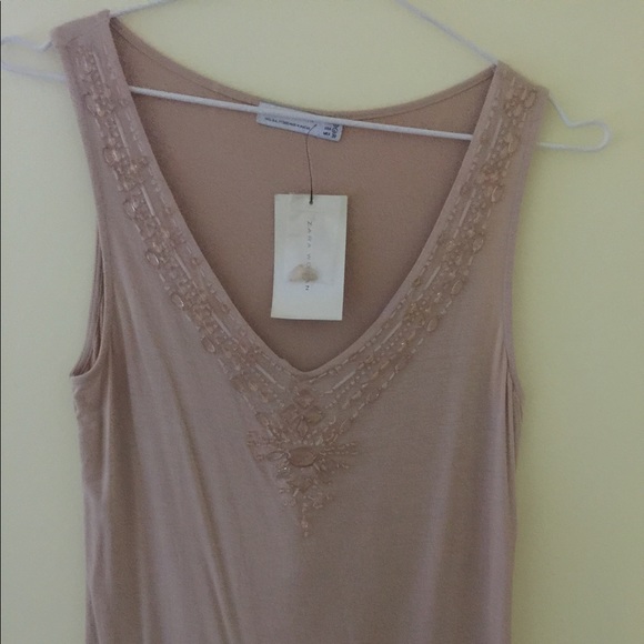 Zara natural Tan color Tank Top sexy deep V neck with shiny beadings US M - Picture 10 of 13